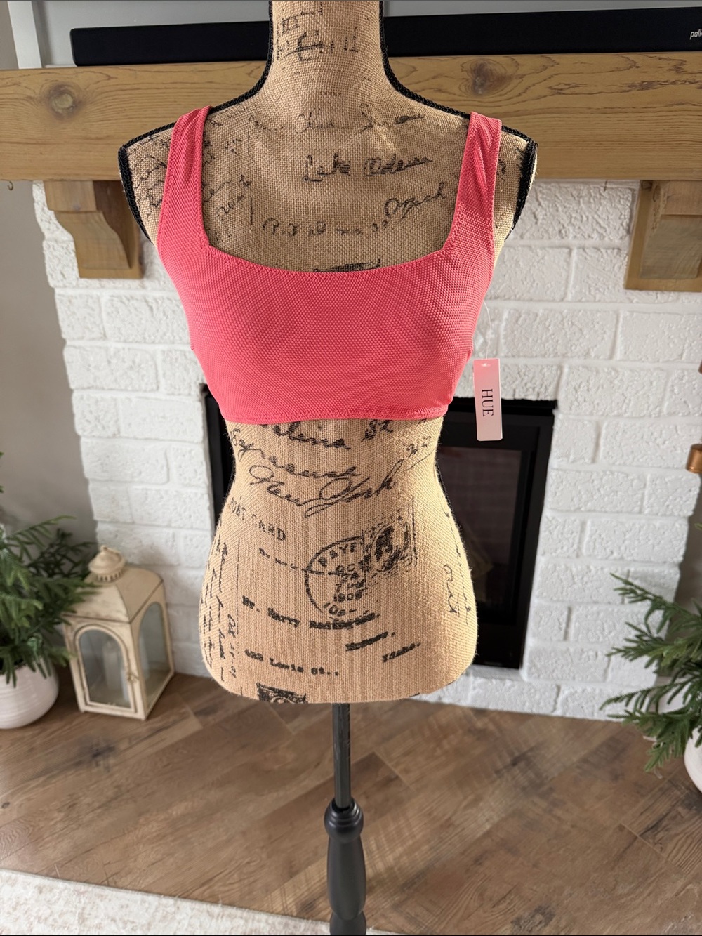 HUE Pink Coral/ green reversible. Textured Square-Neck Bikini Top